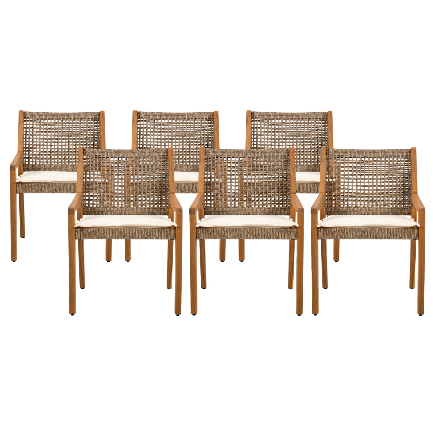 Outdoor Dining Set -Premium Acacia Wood Della Table & Wicker Chairs With Cream Cushion For Comfortable Dining Experience,Suitable For Large Gatherings 1 Table 6 Chairs