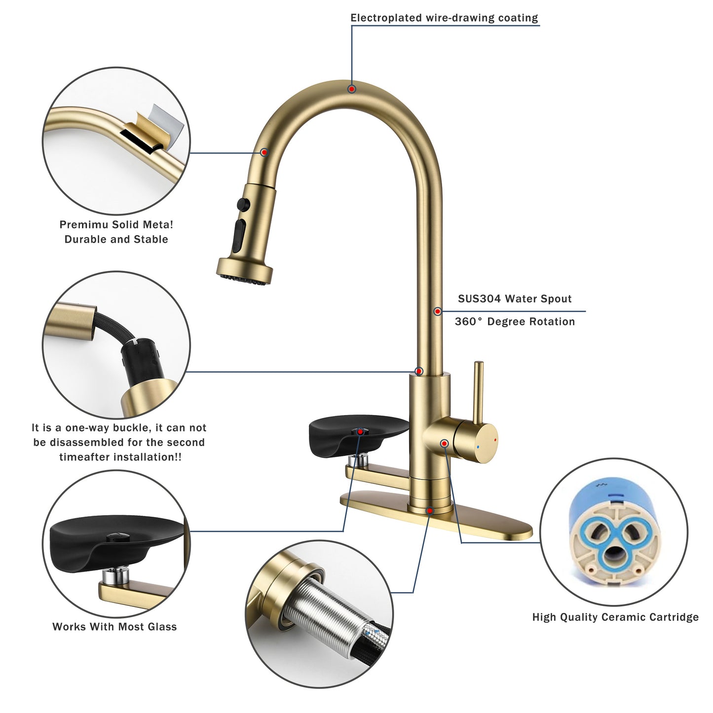 3-in-1 Kitchen Faucet With Press-Type Glass Rinser, Universal For 1 & 3 Holes, High-Arc Pull-Down Sprayer With 3 Function Spray Mode, Brushed Gold Finish