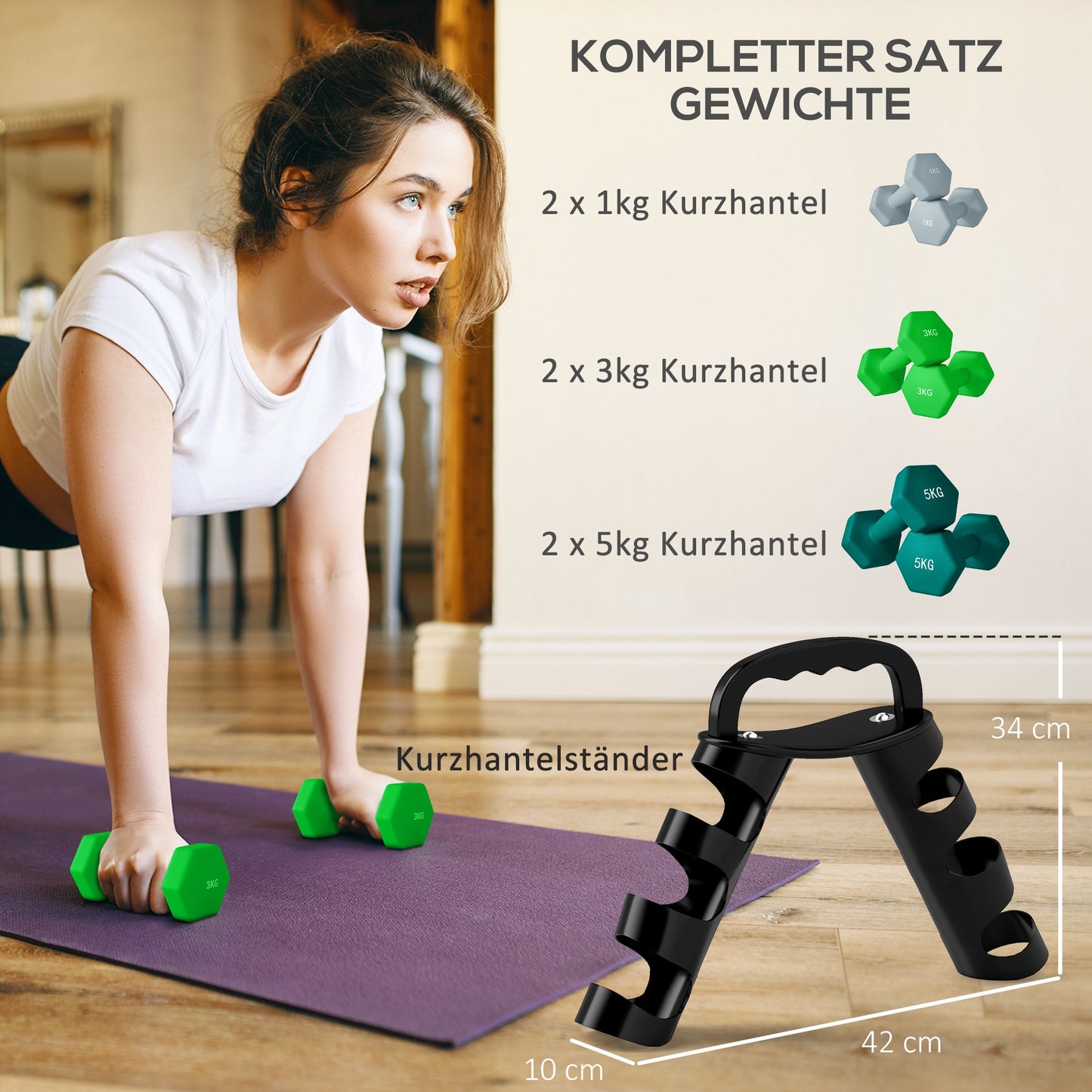 Hantelset Mit Aufbewahrungsgestell, Set Mit 6 Hanteln Für Fitness-Training, 2 X 1kg, 2 X 3kg, 2 X 5kg