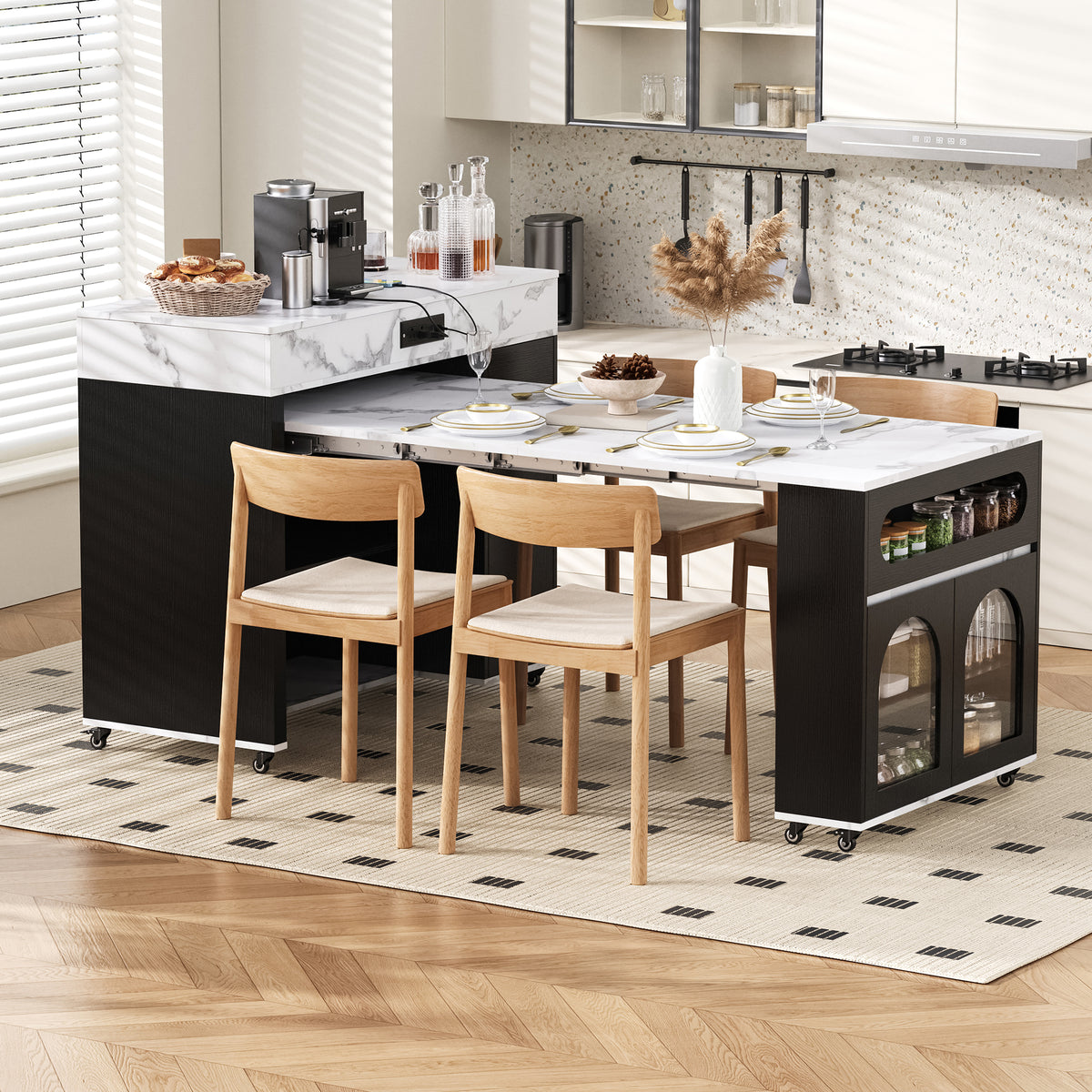 TREXM Extendable Dining Table With Extra-Long Folding Top Rolling Kitchen Island With Drawers Power Outlet And Brake Lock Storage Cabinet For Kitchen And Dining Room Black Marble White