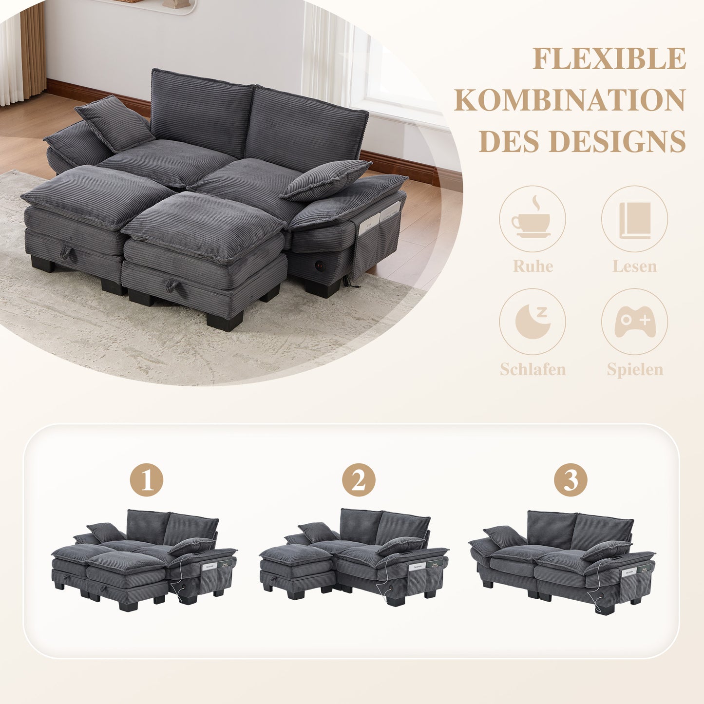 Modular 2-seater Corduroy Sofa With 2 Stools Wide Seat, Ergonomic Design, High-density Foam Padding, USB-C Port And Side Pockets.Ideal For Living Room, Office Or Lounge.Garkdray