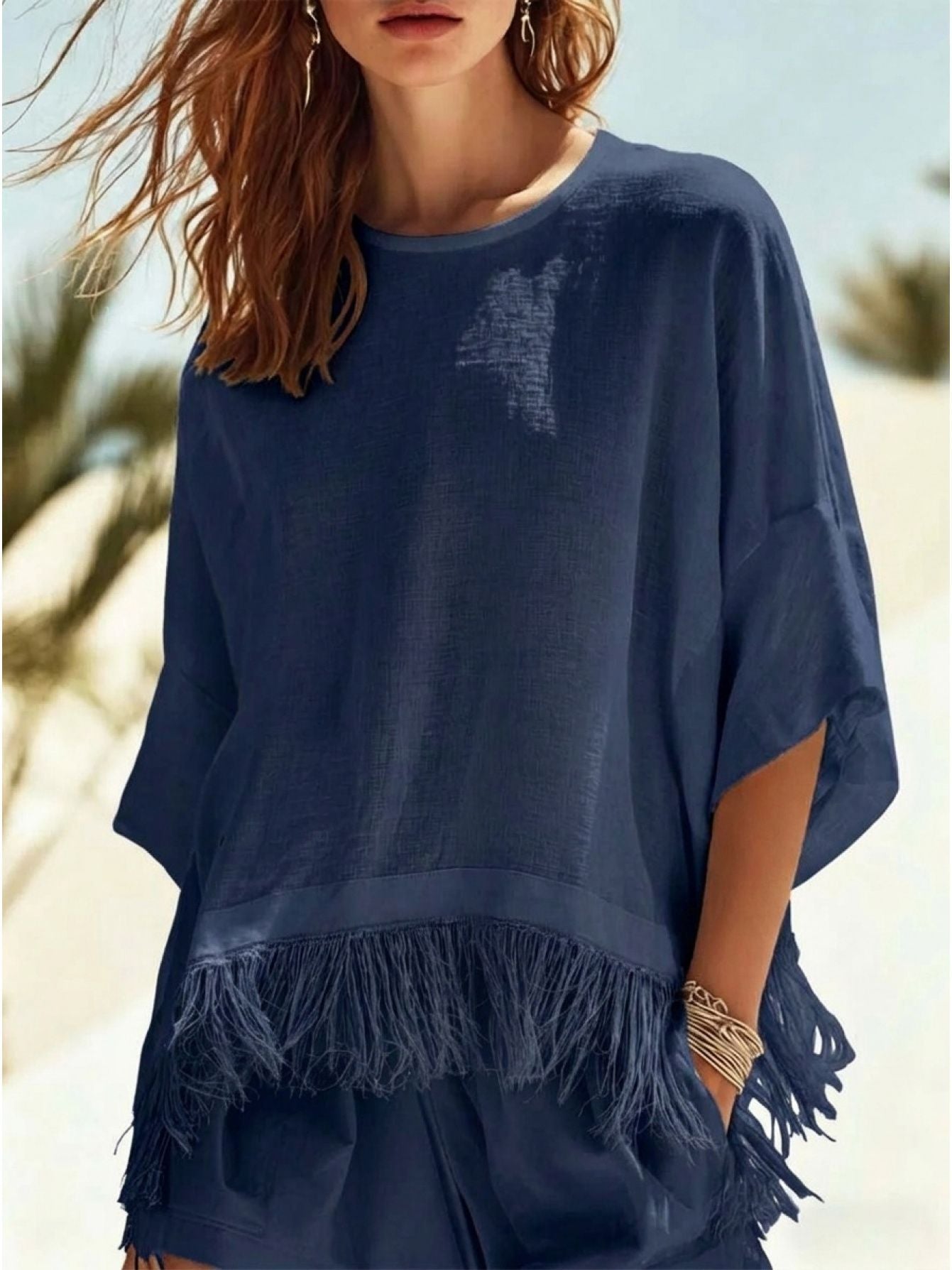 New Autumn & Winter Fashion Casual Crew Neck Fringe Mid-Sleeve T-Shirt