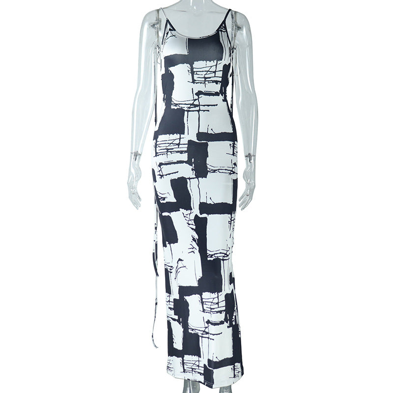 Printed Pullover Sleeveless Beauty Back Pleated Tight Braces Dress