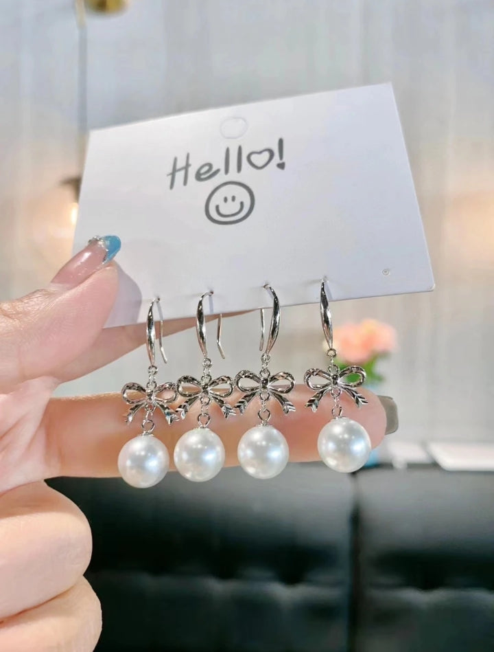 1 Pair 999 Sterling Silver Cut Bowknot & Pearl Hook Earrings, Sweet & Elegant, Perfect For Daily, Dating & Business, Ideal Valentine's Gift