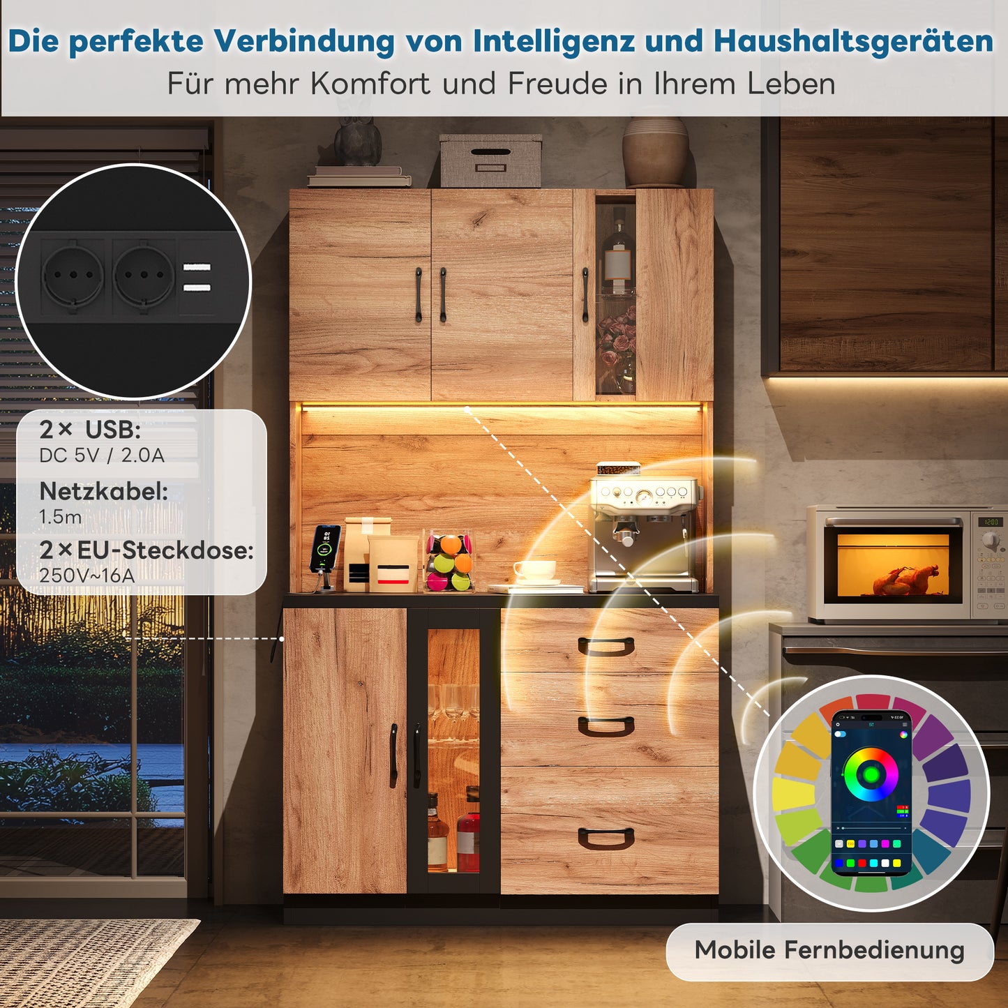 105 X40 X180 Cm Modern Kitchen Tall Cabinet, Black And Wood Look With LED Lighting, Adjustable Shelves And Euro-style Socket, Suitable For Kitchens, Dining Rooms, Living Rooms, Etc.