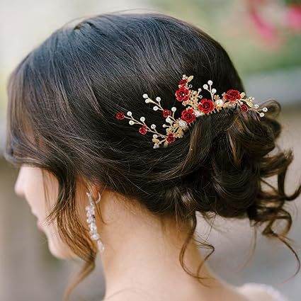 Bridal Red Flower Hair Comb Wedding Accessories