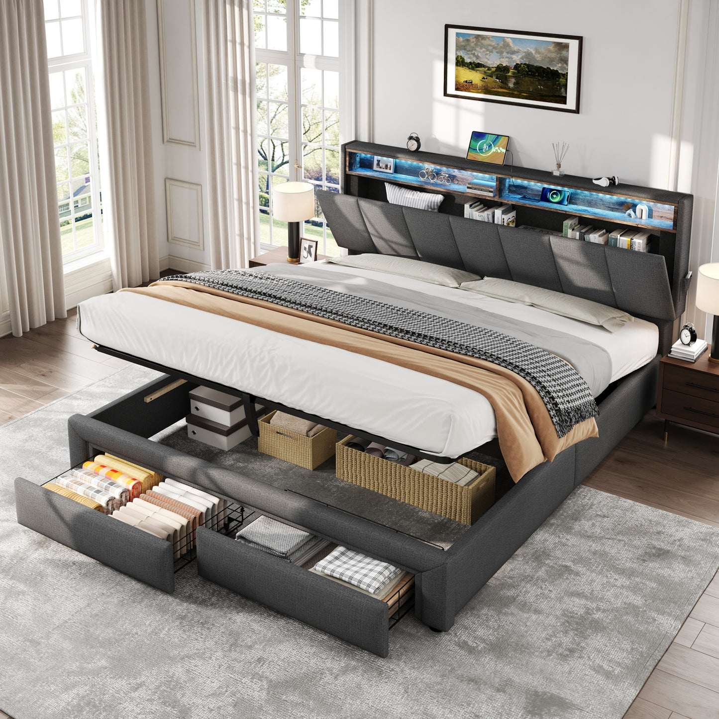 5ft King Upholstered Bed Frame With Hydraulic And Drawers Storage, LED Adjustable Headboard With Charging Station And Concealed Headboard Storage, Linen, No Box Spring Needed, Grey No Mattress
