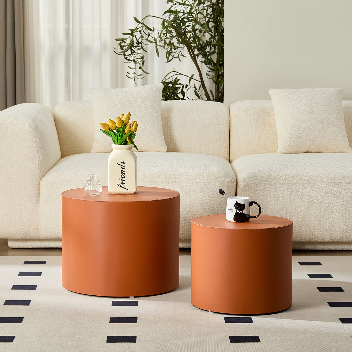 Modern Orange MDF Saddle Leather Table -Compact Sizes, Great For Living Room Decor & Daily Use
