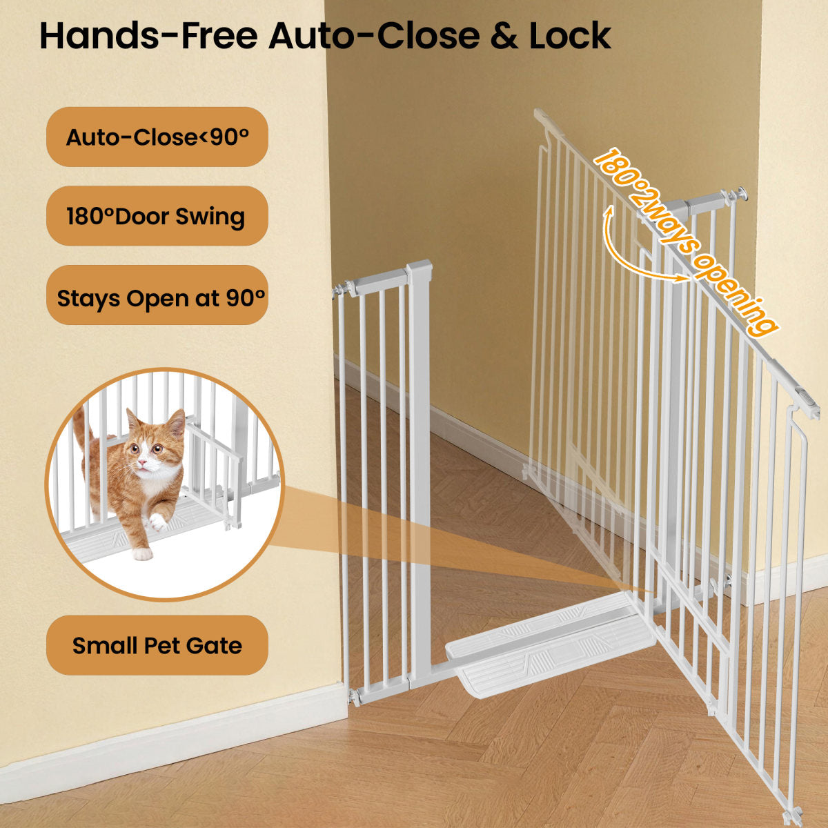 53.15 Extra Tall Cat Gate, 29.53 -40.16 Wide With Small Cat Door, Auto Close Safety Pet Gate, 1.37 Narrow Bar Spacing, NO Drilling Pressure Mount Kit For Cats And Dogs, White