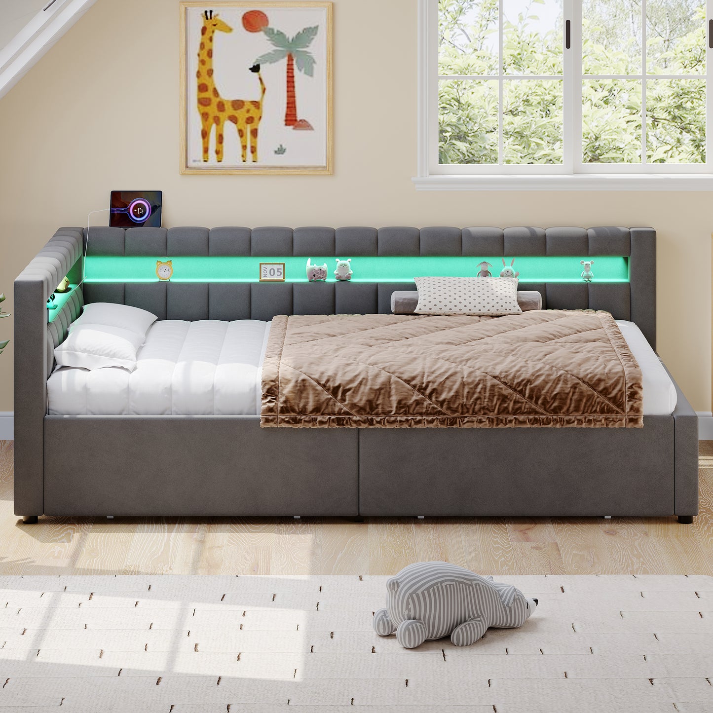 3ft Single Daybed With Two Storage Drawers, LED Modern Channel Tufted Bed Frame With Charging Station, Velvet Sofa Bed For Living Room Bedroom Study Room, 90X190cm, Easy Assembly, Grey No Mattress