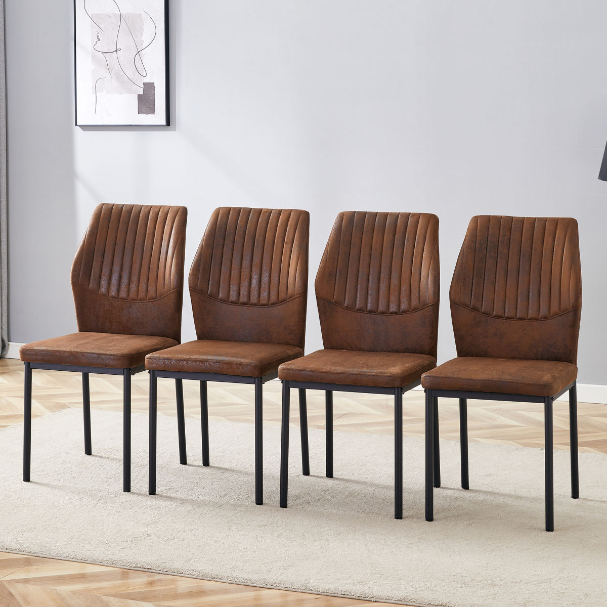 Set Of 4 Dining Chairs In A Light Luxury Style Brown Backrest In Tech Fabric With Vertical Embossing Black Metal Legs. Suitable For Dining Room Or Living Room In A Modern Light Luxury Design.