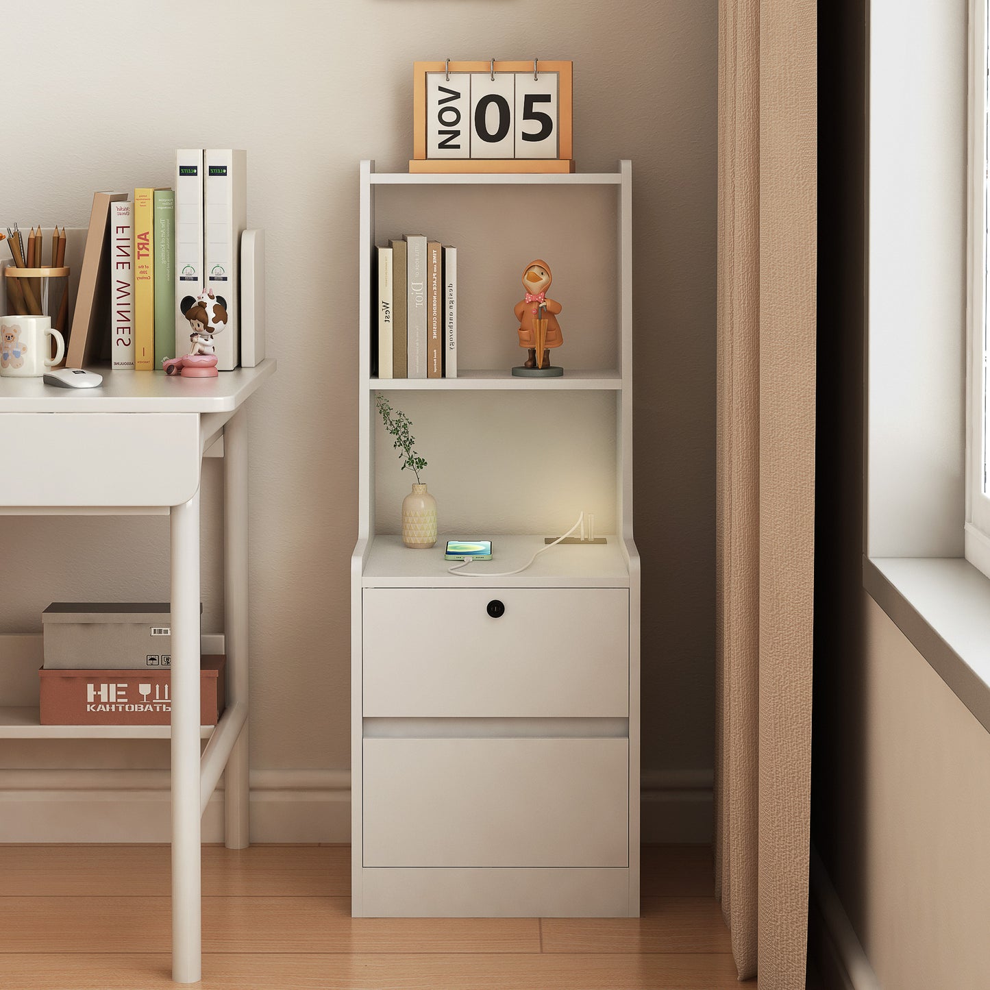 Nightstand With Charging Station, Smart Nightstand With Night Light, Modern Night Stand With Bookshelf, Bedside Tables With Storage Cabinet For Bedroom, White