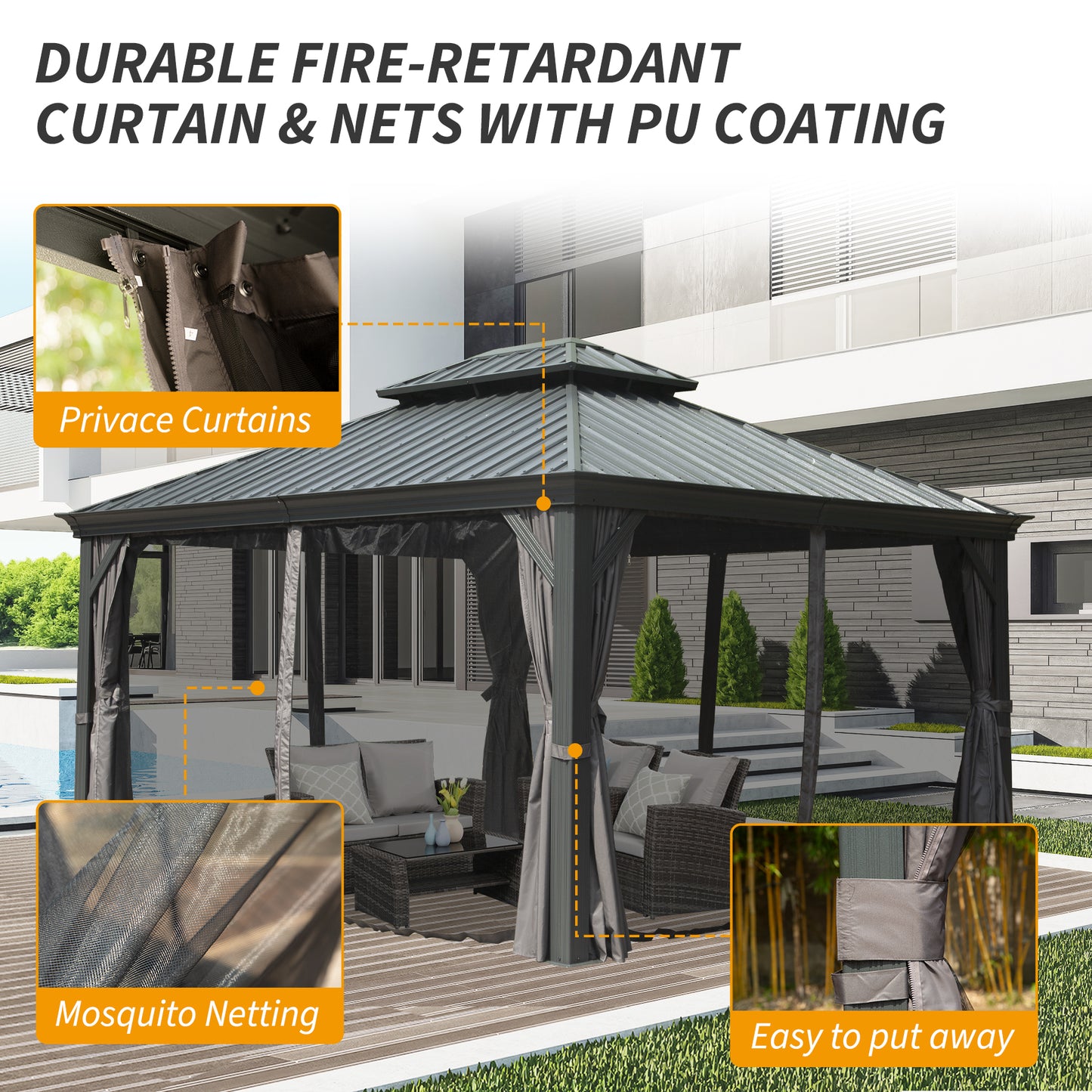 10 X 14 Hardtop Gazebo Permanent Outdoor Gazebo With Galvanized Steel Double Roof, Aluminum Frame, Curtains And Netting For Patio Lawn And Garden, Gray