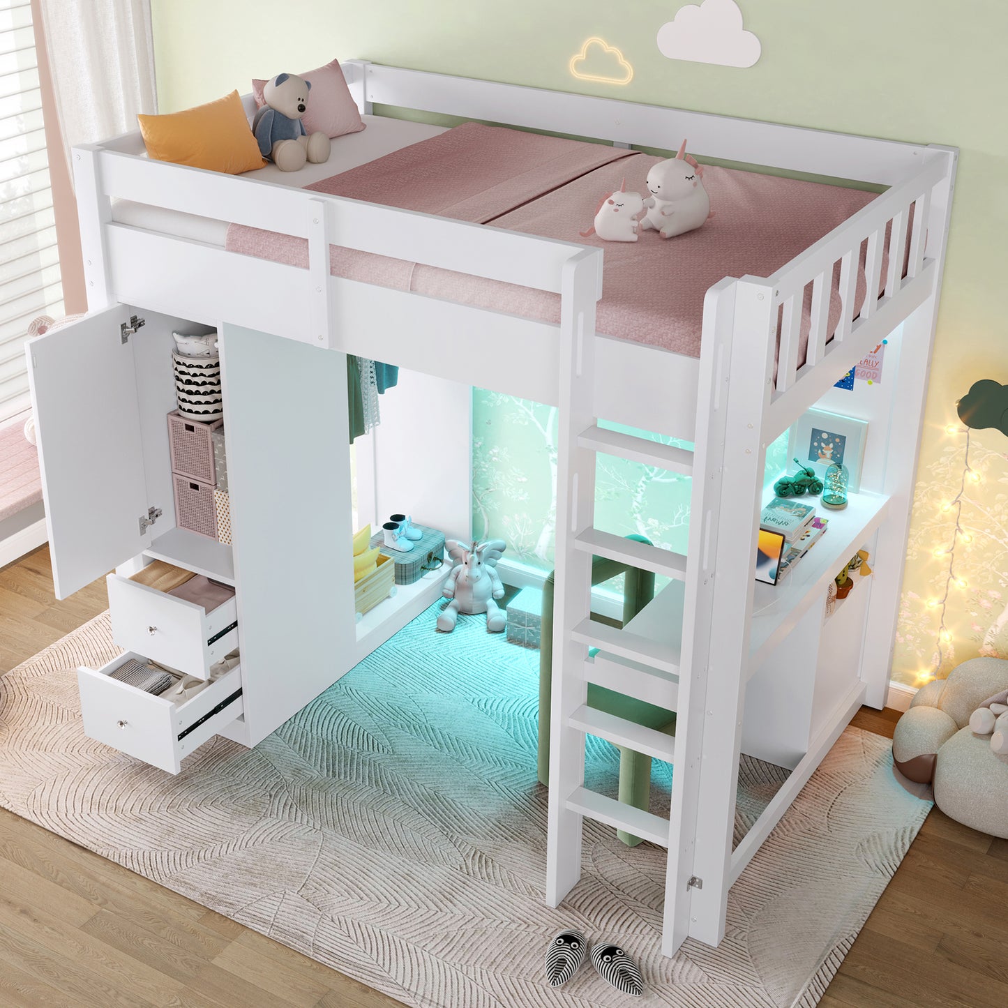 90x200 Loft Bed With 4 Drawers And 1 Storage Cupboard, Underbed Desk, Open Wardrobe, LED Light And USB, White
