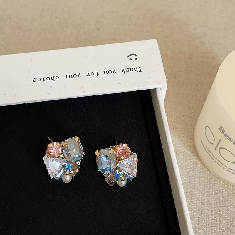 High-End Colorful Crystal Geometric Stud Earrings For Women, Dopamine Sweet Versatile Fashion Daily Ear Jewelry