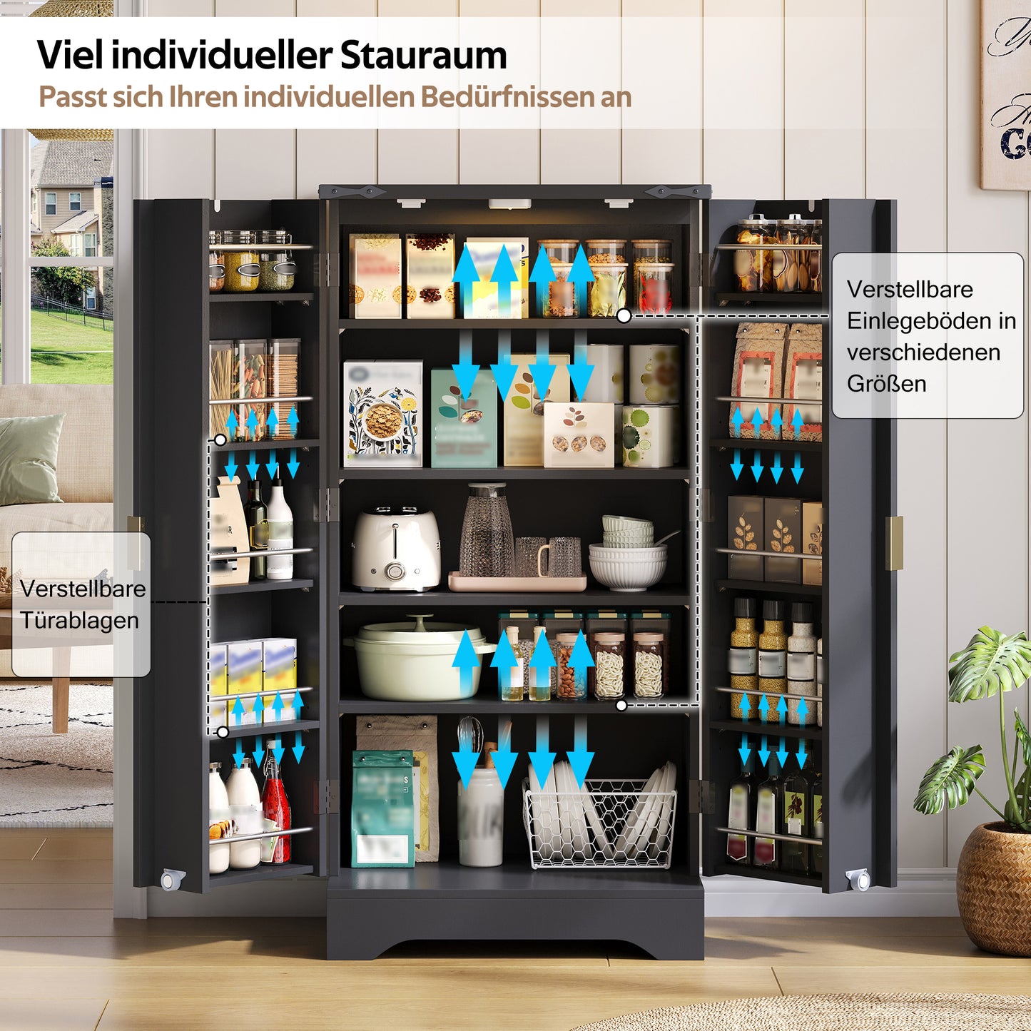 Kitchen Cabinet With LED Sensor Light And Spice Rack, Generous Double Door Cabinet With Adjustable Shelves And Modern Door Design Black, 120 X 60.5 X 40 Cm