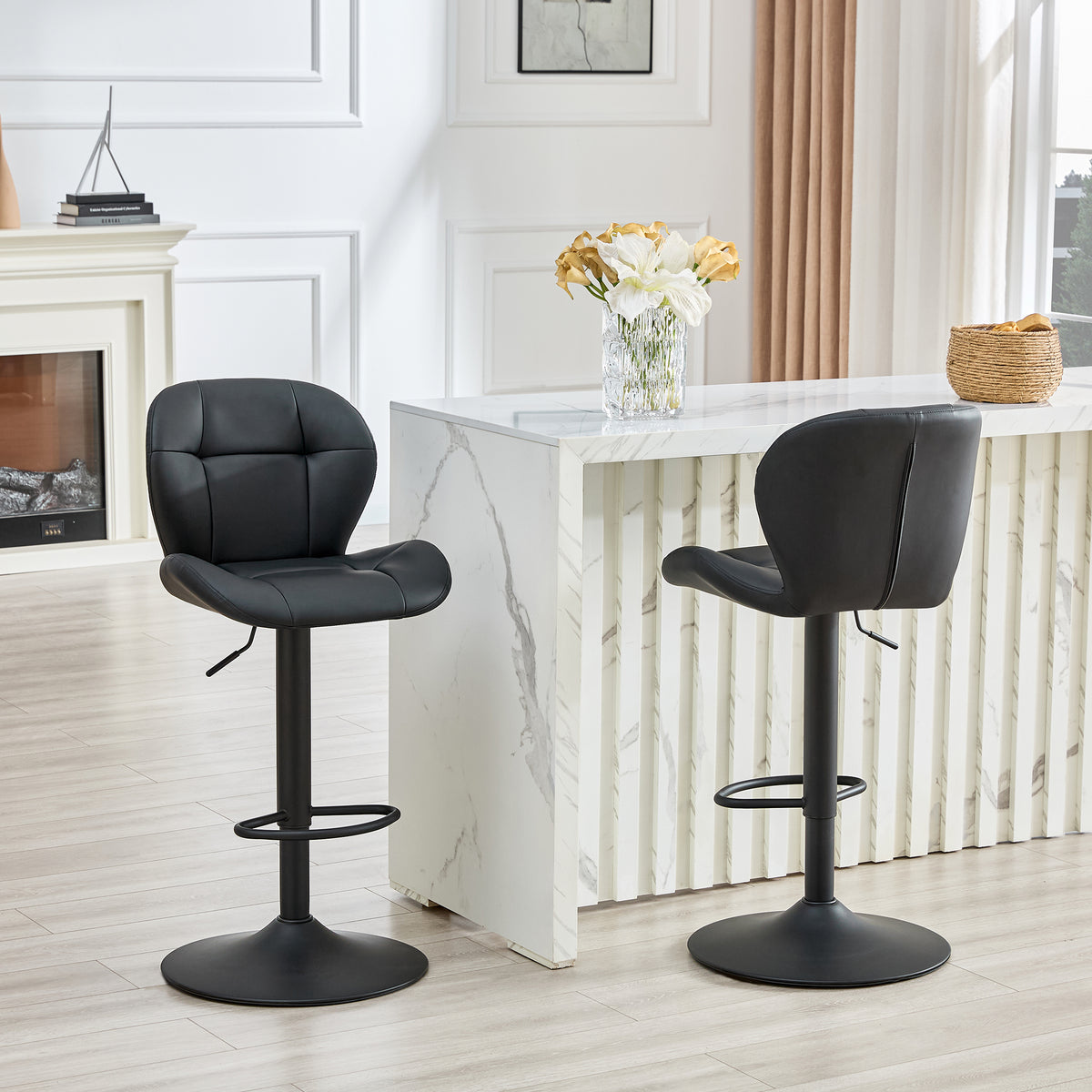 Set Of 2 Height Adjustable Bar Stools, Black PU Upholstered Tufted Back Chairs With Black Metal Base & Footrest For Kitchen Island, Bar, Pub
