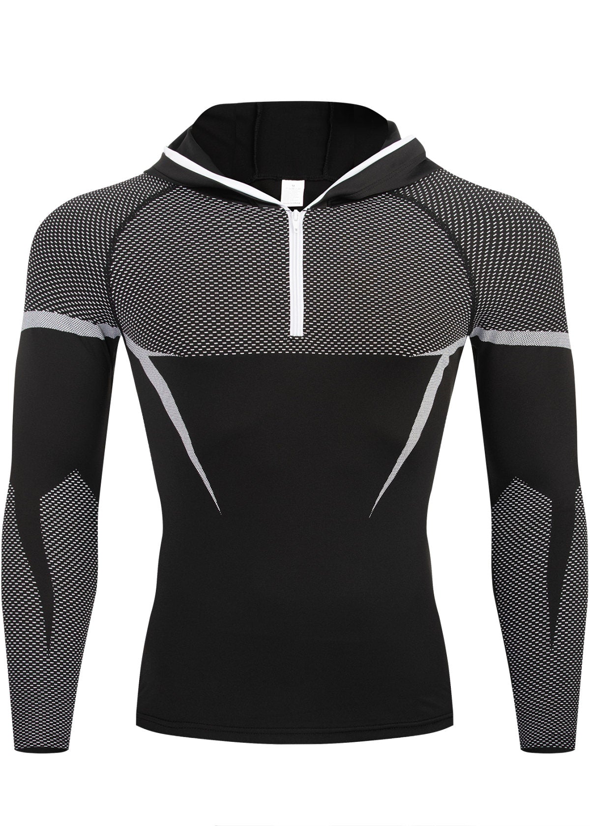Men Half Zip Hooded Compression Long Sleeve Shirt Black Red Color Block Mesh Spliced Quick Dry Athletic Top Wicking Gym Running Training Fitness Base Layer