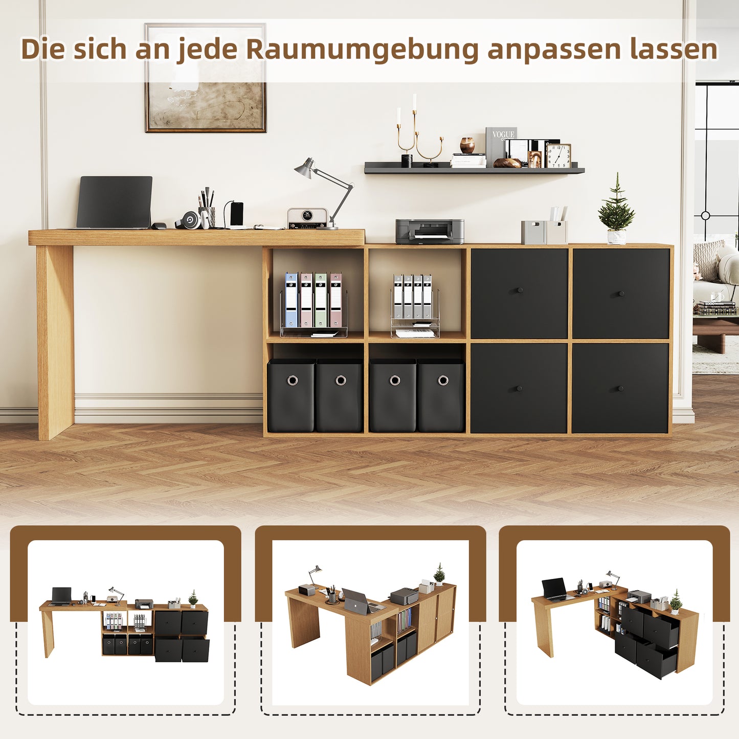 Corner Table, Table Top 360 Swivel - L-shaped Or Straight, MDF, Table Top And Legs 4 Cm Reinforced, With 4 Compartments, 4 Drawers, Flexible Positioning, Desk, Computer Desk