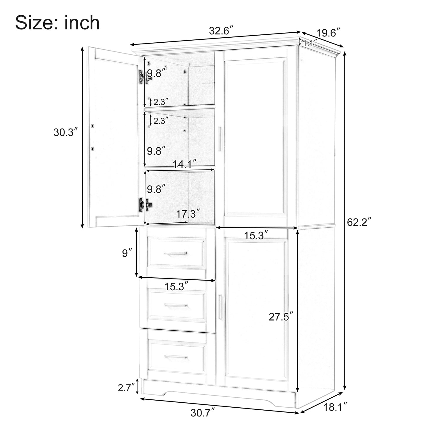 Tall And Wide Storage Cabinet With Doors For Bathroom Office, Three Drawers, Grey Old SKU WF299285AAG N725P331357E