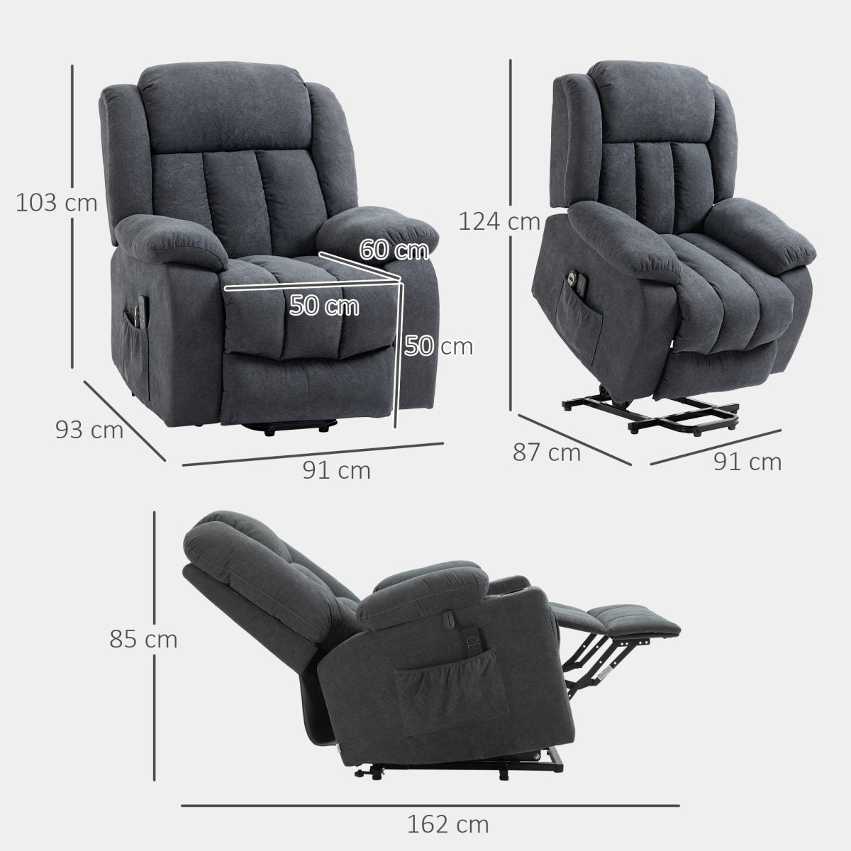 Power Lift Recliner Chair With Massage, Overstuffed Lift Chair For Elderly With Footrest, Remote, Side Pocket, Dark Grey