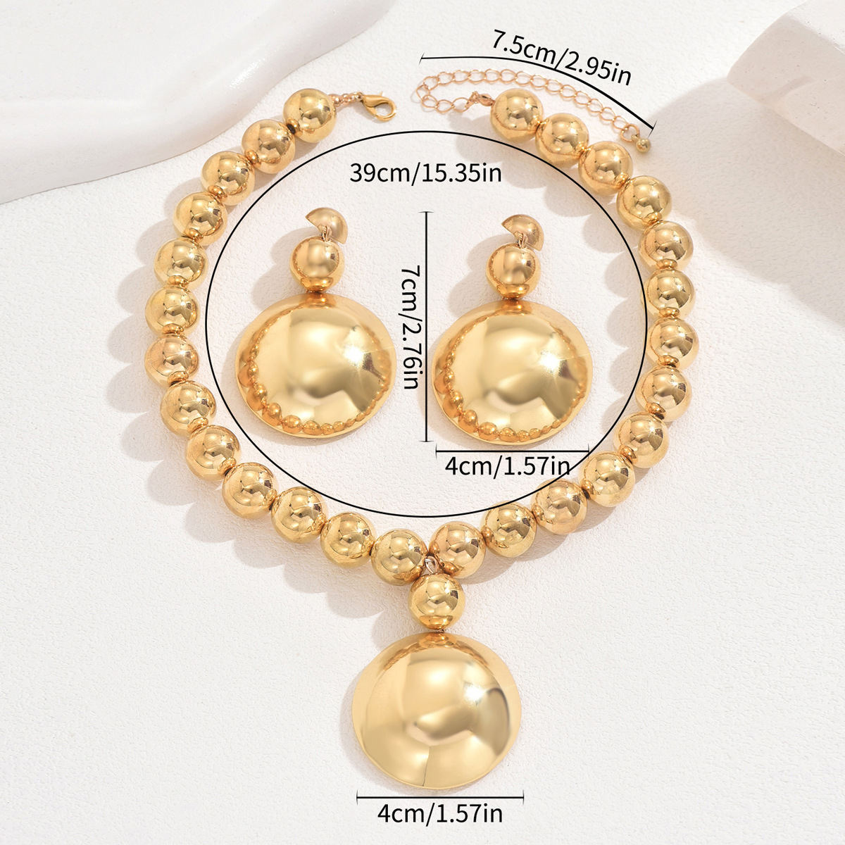 Cross-border European American Fashion Women Jewelry Set, Unique Metal Bead Necklace With Niche Premium Texture Pendant & Matching Earrings, Versatile Daily Neck Ear Accessories