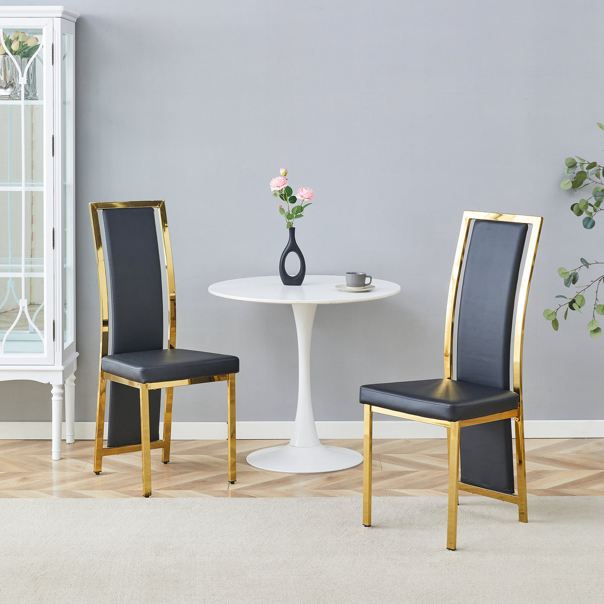 Set Of 2 European Minimalist Dining Chairs With Gold Edge. Black PU Leather Gold Luster Metal Frame, 109cm High, For Versatile Uses Such As Dining Room, Office, Etc.