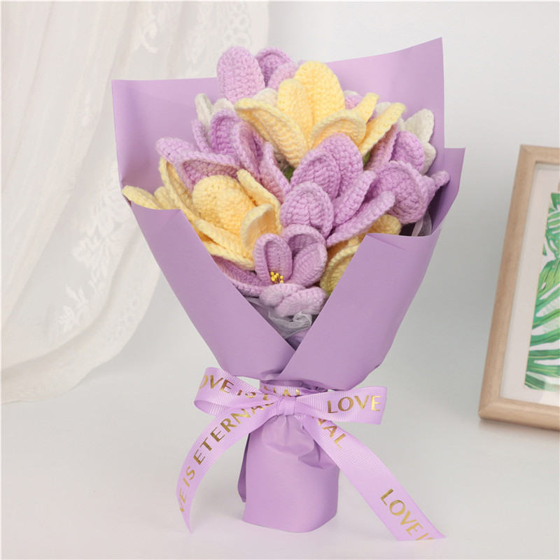 Handmade Crochet Tulip Bouquet, Everlasting Soft Yarn Crochet Purple Yellow Mixed Tulip Flowers, Eternal Handmade Crochet Floral Ornament For Home Decor, Anniversary, Birthday & Holiday Gifts