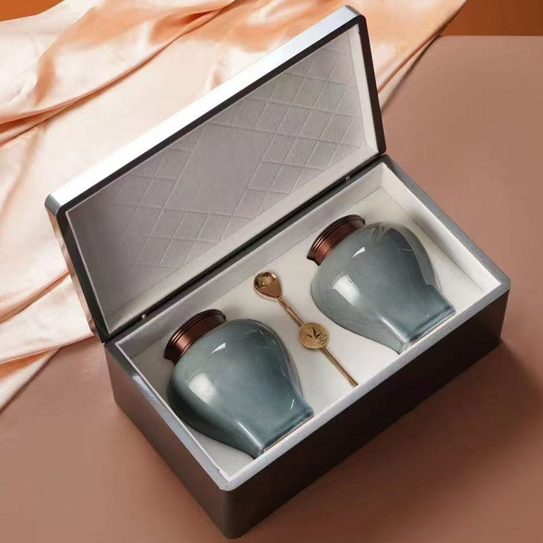 Jianxi Premium Double Ceramic Canister Lacquered Wooden Box For Loose-Leaf Green And Black Tea Empty Gift Box