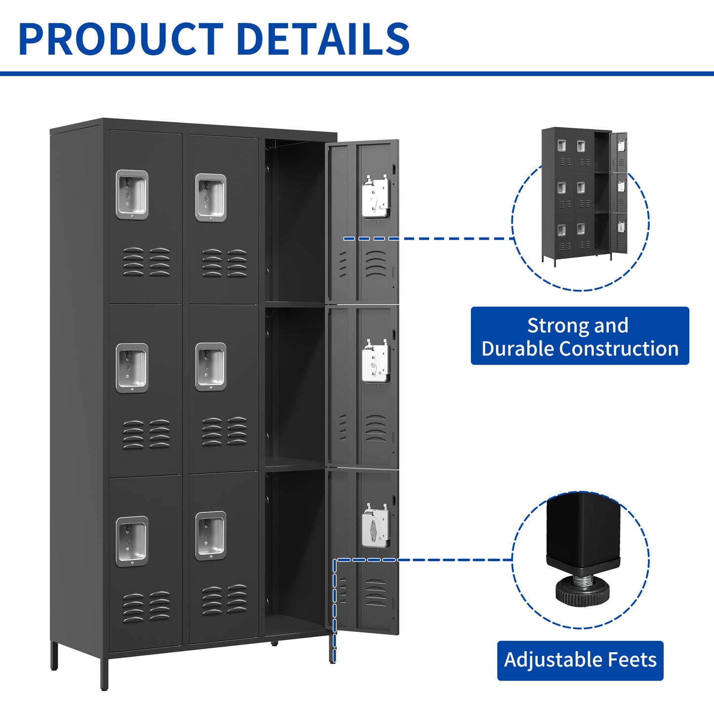 9 Door 72 H Metal Lockers With Lock For Employees,School,Office,Gym,Bedroom,Storage Locker Cabinet,Gray,Assembly Required,Black