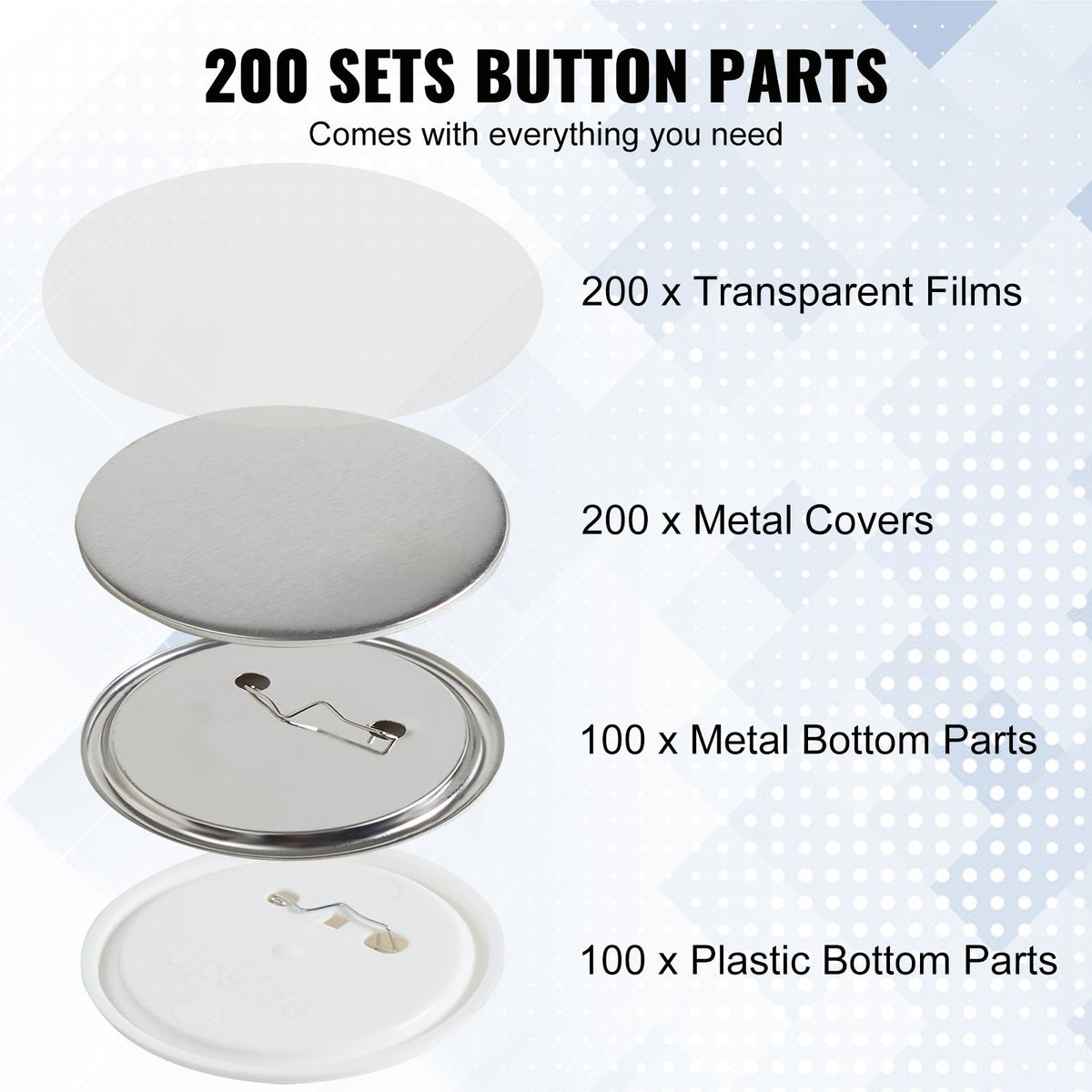 200 Sets 3 Inch 75mm Pin Back Button Parts, DIY Round Button Badge Parts, Set Includes Metal Top, Plastic/Metal Button, Clear Film, And Blank Paper For Gifts Presents, Machine NOT Included
