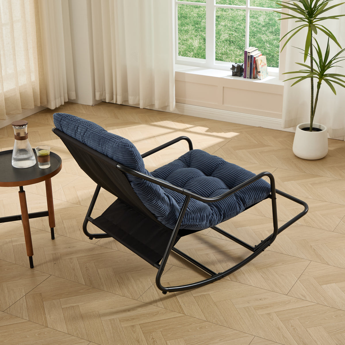 Outdoor Rocking Chair, Comfy Cushion, With Soft Thick Cushion,for Living Room, Bedroom, Reading Room, Black Frame With Navy Blue Cushion