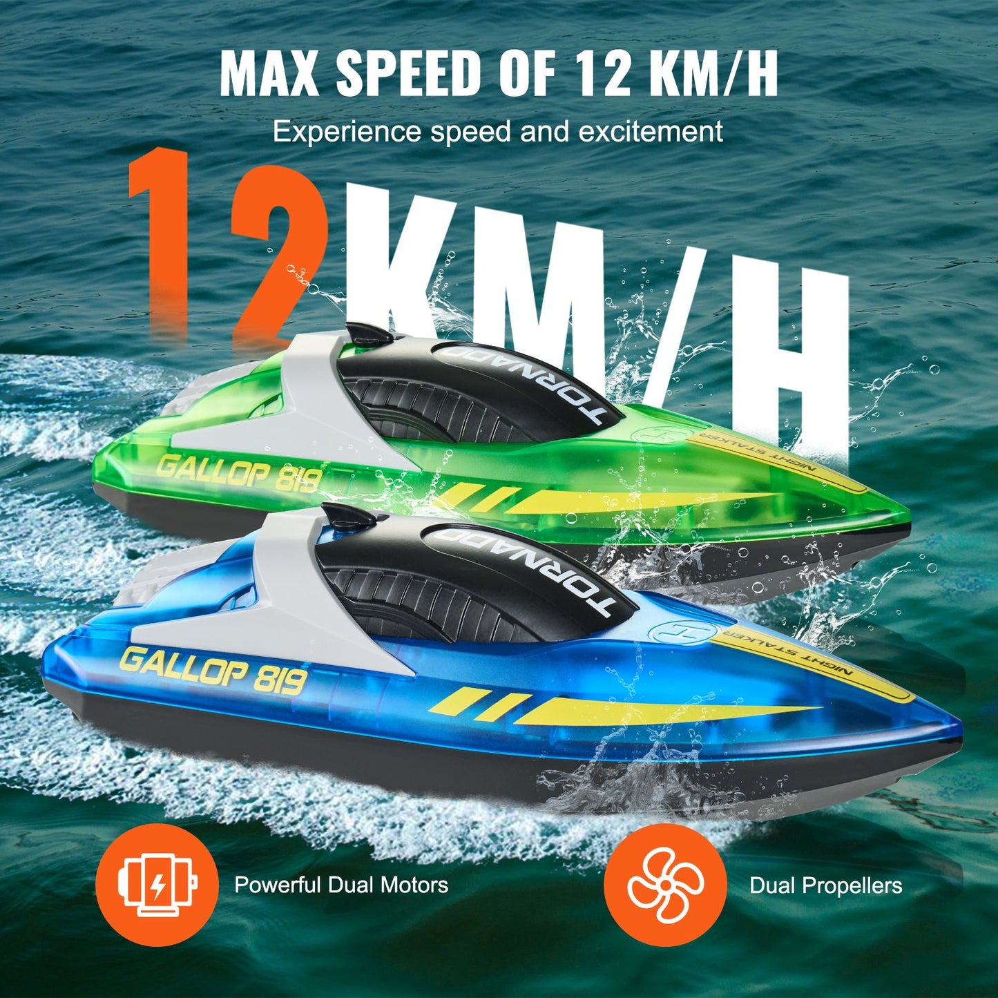 RC Boat, 2 Pack 2.4GHz 12 Km/h, Remote Control Boat For Pools & Lakes, Racing Boat With LED Light, 4 Rechargeable Batteries, Whole Body Waterproof, Gift For Adults Boys & Girls, Blue & Green