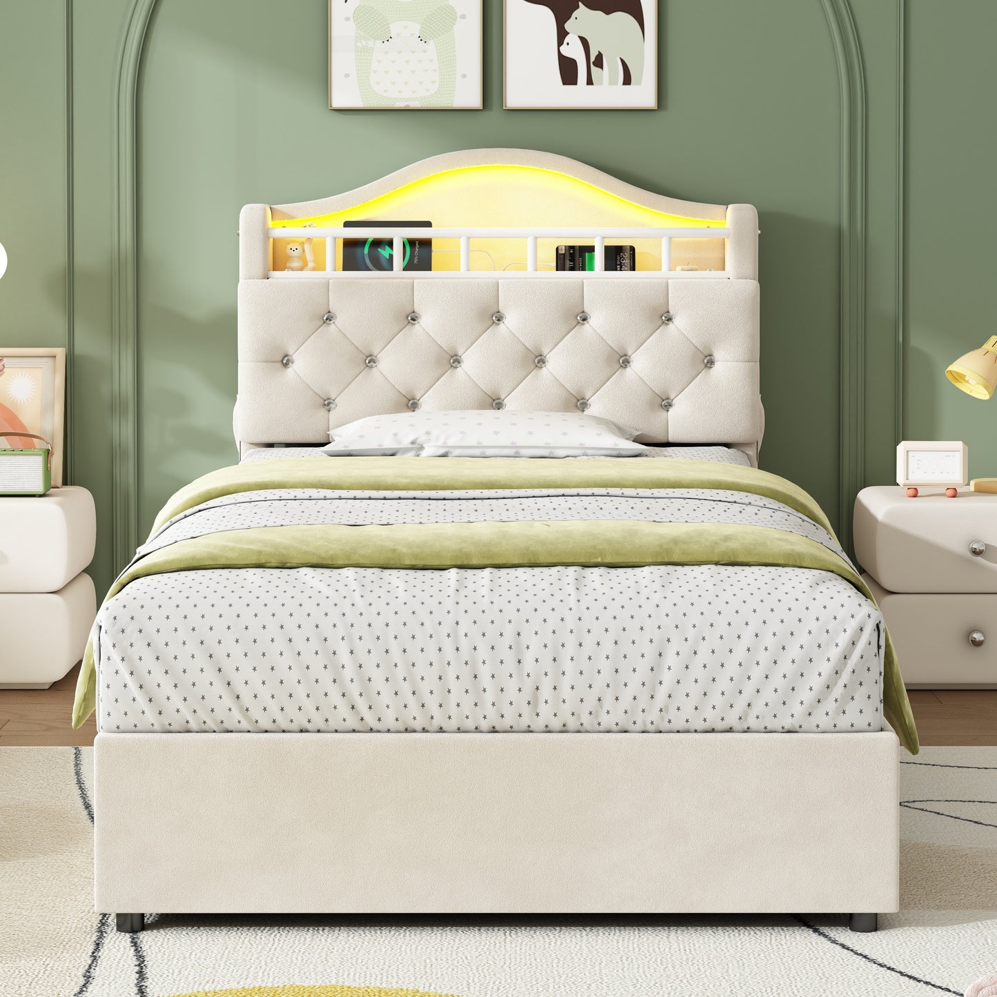 3ft Single Hydraulic Bed In Velvet, LED Bed Frame With Charging Station & Diamond Tufted Headboard, Multi-zone Storage, Solid & Stable Base,Beige No Mattress