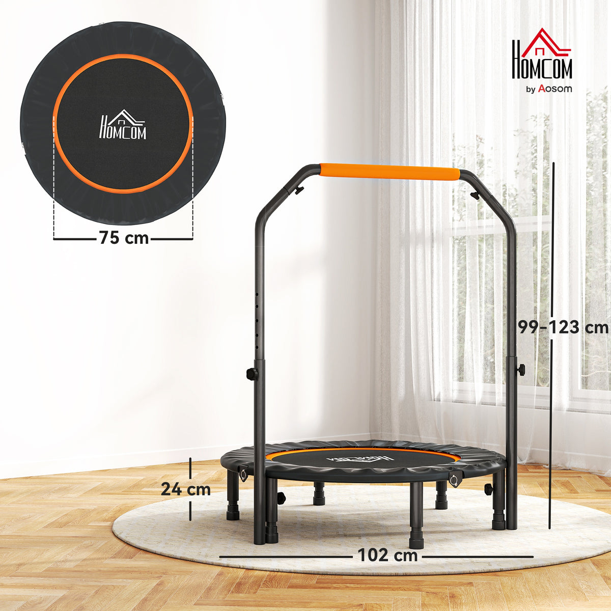 40" Foldable Mini Fitness Trampoline, With Adjustable Foam Handle, Orange