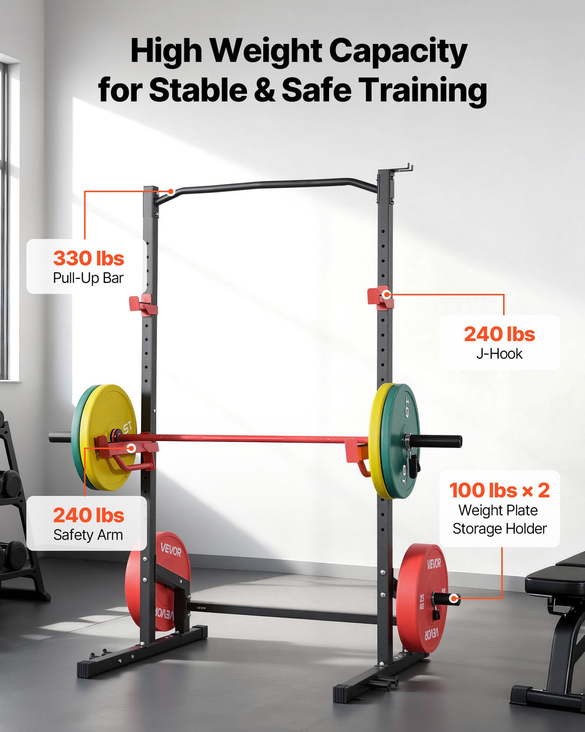 Power Cage Squat Rack, Multifunctional Power Rack Home Gym, 1000LBS Strength Training Workout Equipment With 4 Band Pegs, Adjustable J-Hooks & Safety Bars For Barbell Squat Bench Press Pull-Up