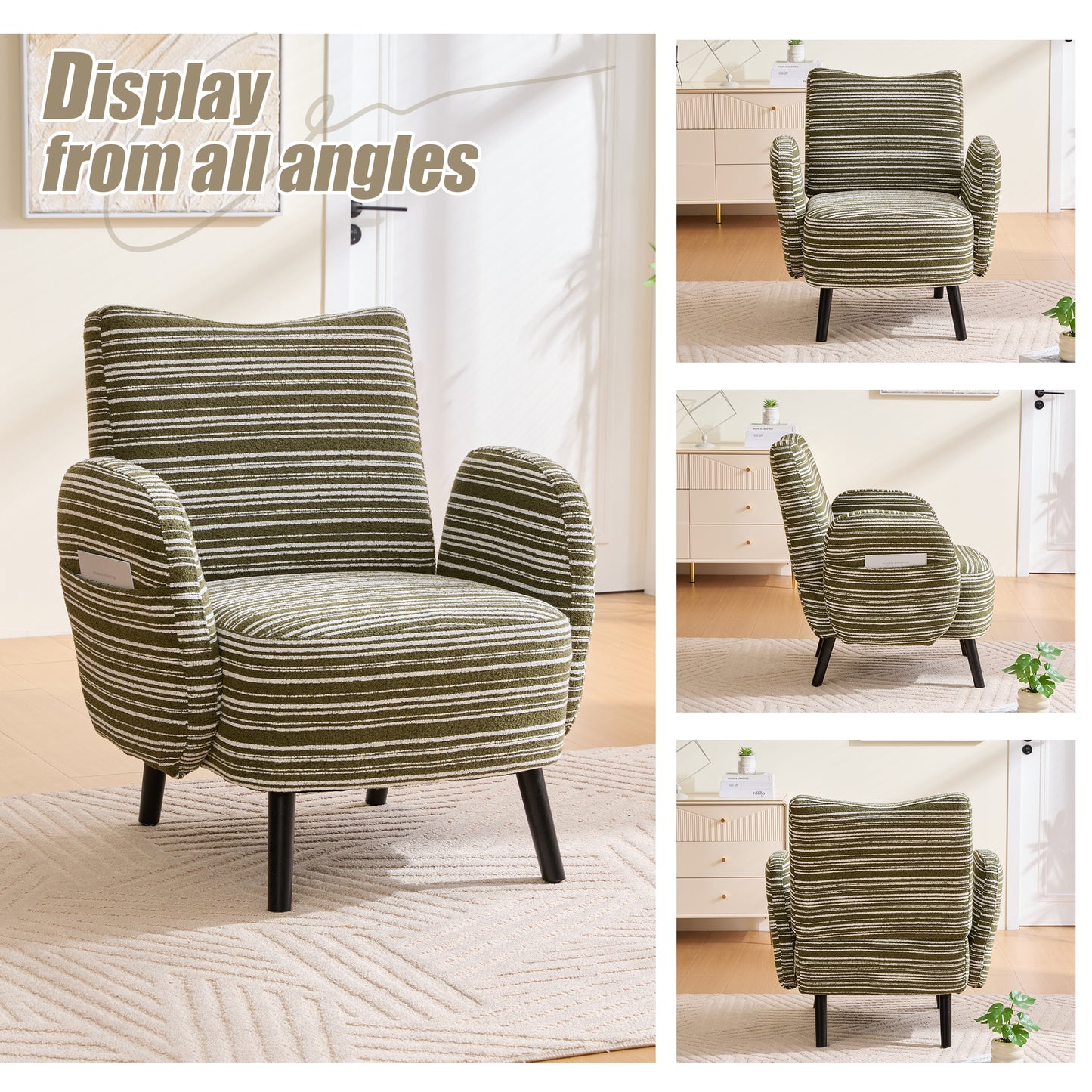 Modern Style Armchair With Sanded Fabric, Side Storage Pocket, Solid Wood Legs, Comfortable Reading Chair For Living Room, Bedroom, Office