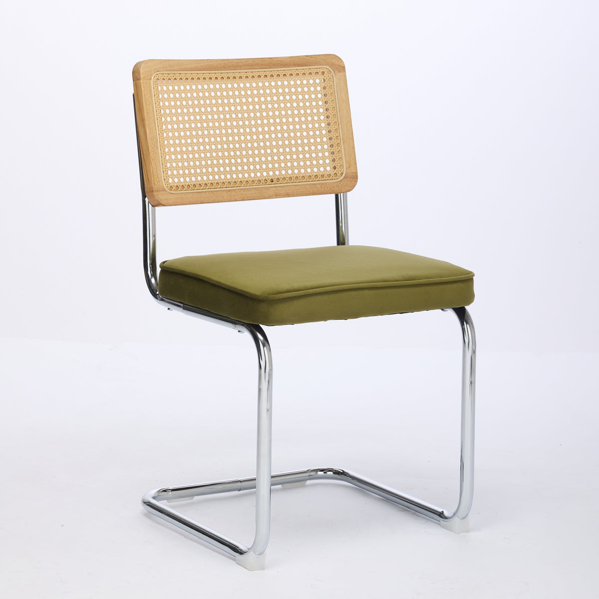 Mid Century Modern Dining Chairs Set Of 2, Velvet Accent Chairs With Natural Cane Back & Stainless Chrome Base, Famous Breuer Designed Chairs, Upholstered Rattan Kitchen Chairs,Olive Green, DE1851OL