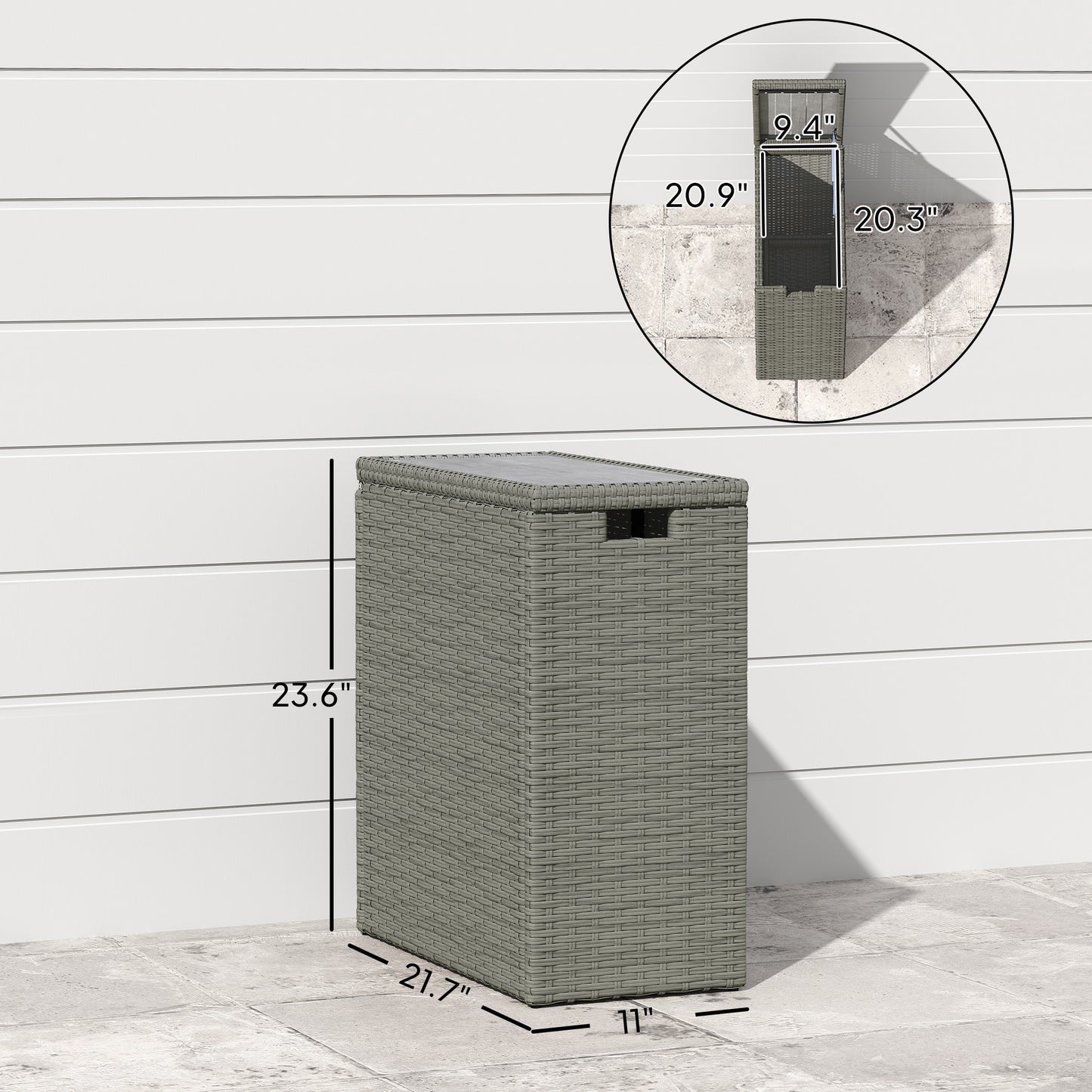 17-Gallon Small Deck Box, Wicker Outdoor Storage Box with Acacia Wood Top for Patio Cushions and Garden Tools, Gray