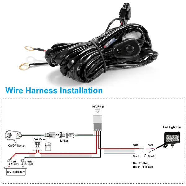 LED Light Bar Wiring Harness Kit 280W 12V 40A Power Relay Fuse On Off Switch 10ft Length Universal Fitment Light Bar Accessories