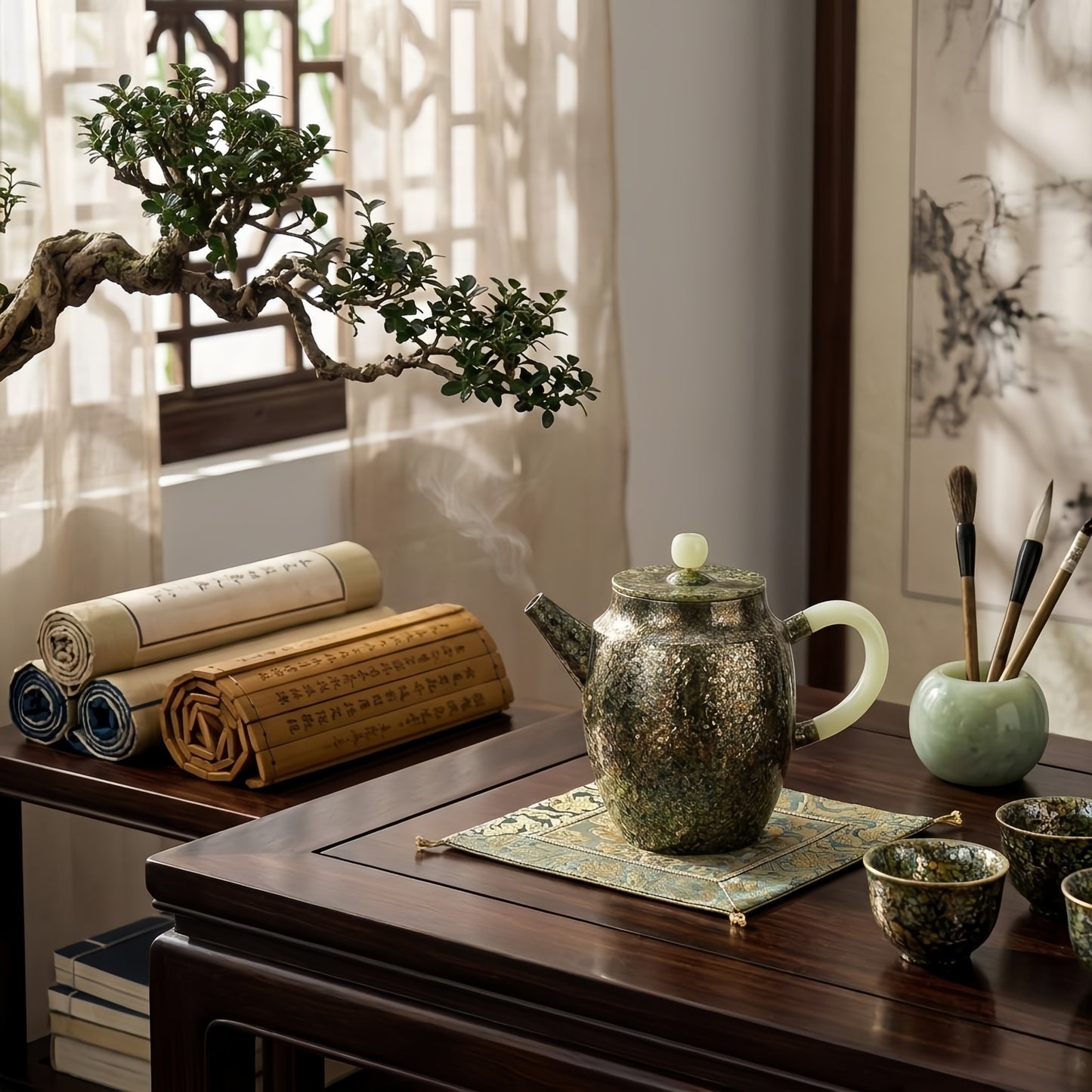 925 Sterling Silver Luxurious Mosaic Teapot with Jade-Inspired Handle and Shimmering Textured Body - Handicraft