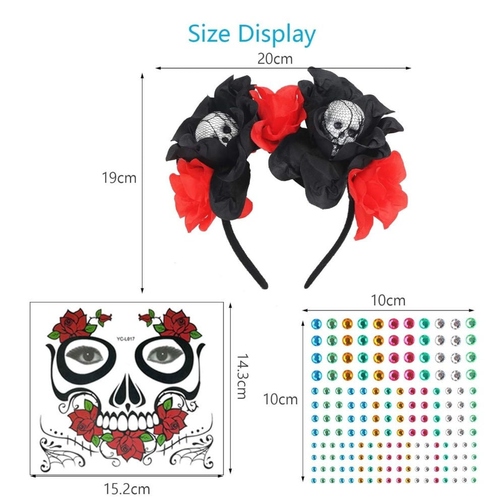 Black And Red Skull Headbands, Set Of 2, Sugar Skull Headwear For Dia De Los Muertos, Gothic Headbands For Cosplay & Carnival, Skull Costume Accessories & Party Supplies Set