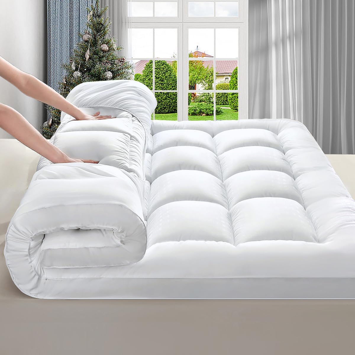 Ultra-Soft Quilted Cooling Mattress Topper Pad, Pillow Top Mattress Topper, Ultra-Soft Quilted Cooling Mattress Protector, Suitable For 8-24 Inch Deep Mattresses, 450G 900G 1200GSM Filling Options