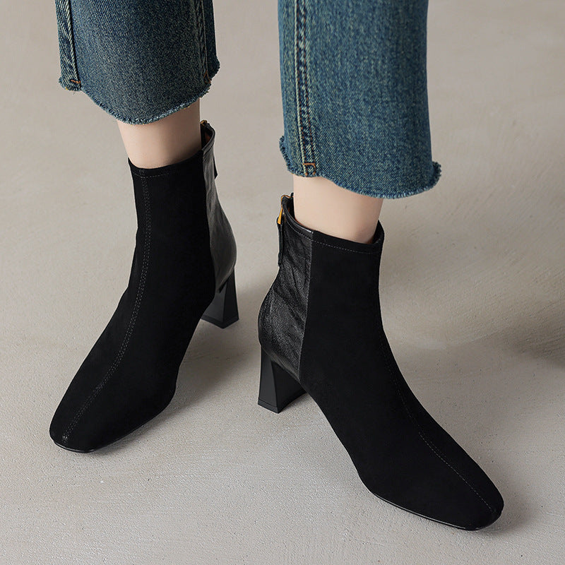 Womens Korean-style Square-toe Leather Chunky-heel Patchwork Ankle Boots