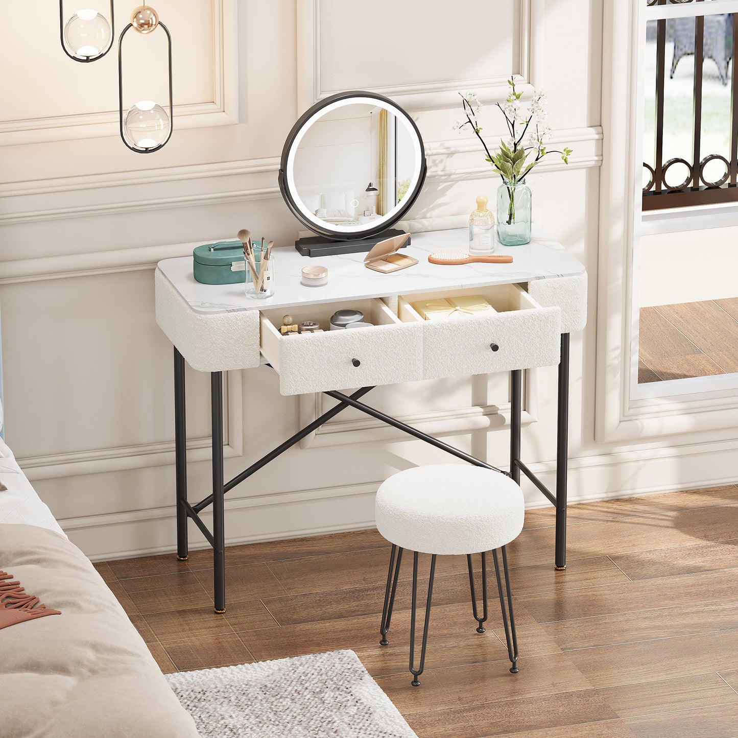 Dressing Table With Lighting And Stool, Dressing Table With LED Mirror, 2 Drawers, Table Top With Marble Look, Modern Cosmetic Table With Fleece Decoration, Black & White, 100x40x120cm