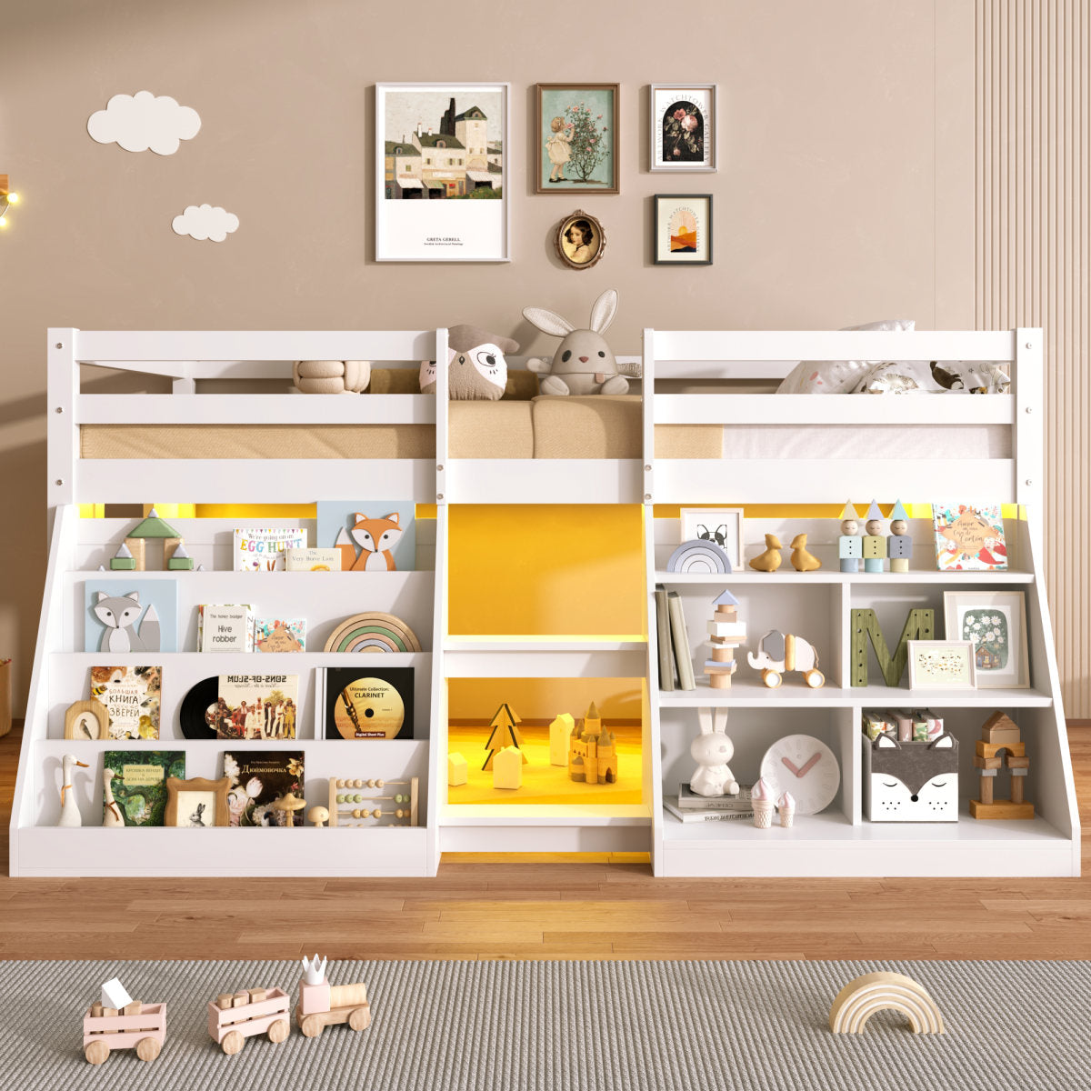 3ft Single Low Loft Bed With LED Light, Wooden Bed Frame With Stairs, Bookcase, Storage Shelf And Under-bed Play Space, Modern Bed With Safety Guardrail, Saving-space Design, White No Mattress