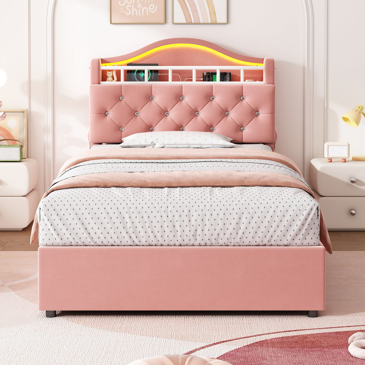 3ft Single Hydraulic Bed In Velvet, LED Bed Frame With Charging Station & Diamond Tufted Headboard, Multi-zone Storage, Solid & Stable Base, No Mattress
