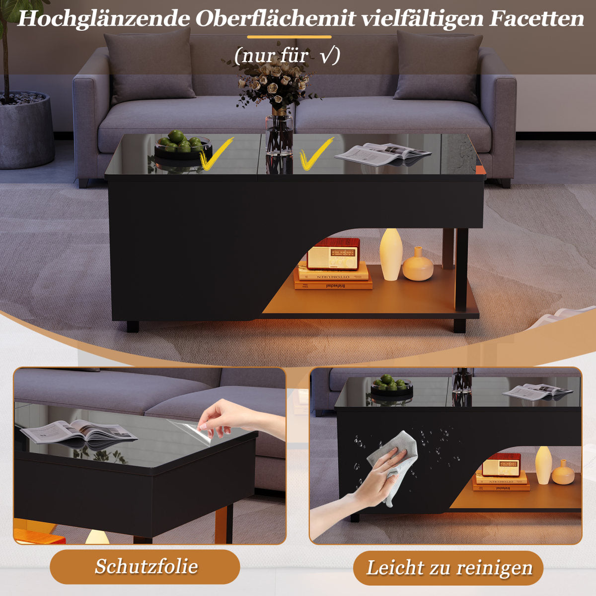 50 X 100 X 46cm Height Adjustable Living Room Coffee Table,Side Table With Hidden Storage,Openwork Coffee Table,High Gloss LED Sofa Table,Tea Table With Side Shelf,Black