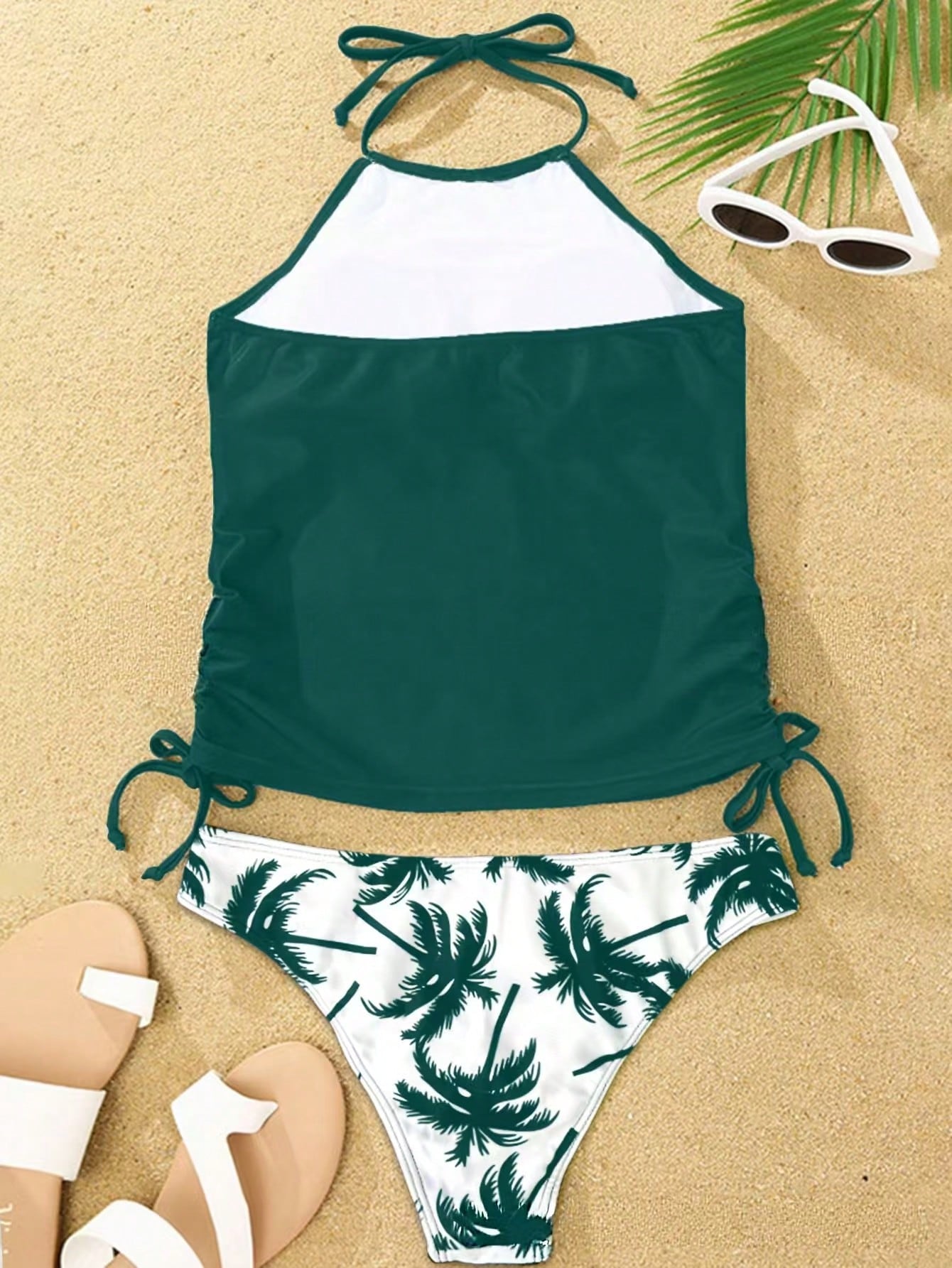 2026 New Coconut Tree Print Halter Tankini Set, Side Drawstring Tummy Control Two Piece Bathing Suit