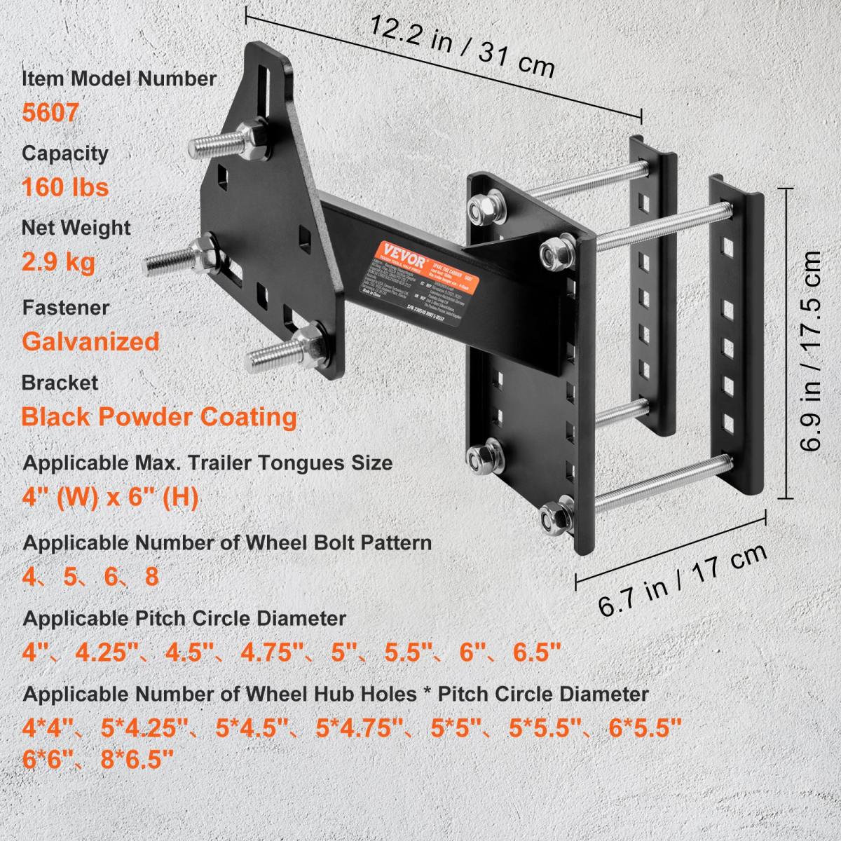 Spare Tire Carrier, Trailer Spare Tire Mount, 160 Lbs Capacity, Utility Trailer Accessories Fits Most
